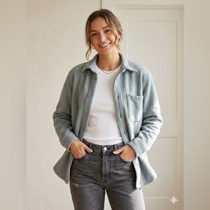 Aritzia TNA Cozy Fleece Boyfriend Button Up Shacket - Sage Green